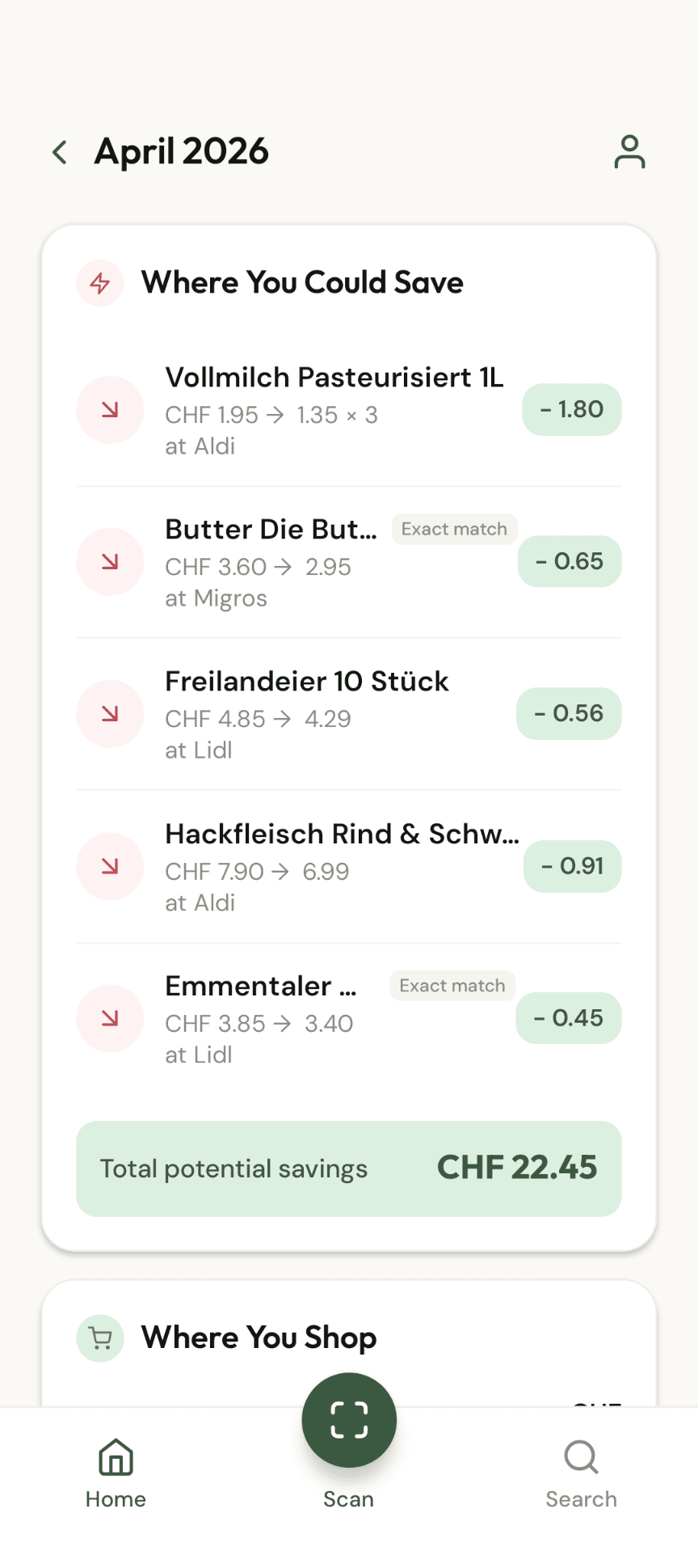 Savings opportunities screen